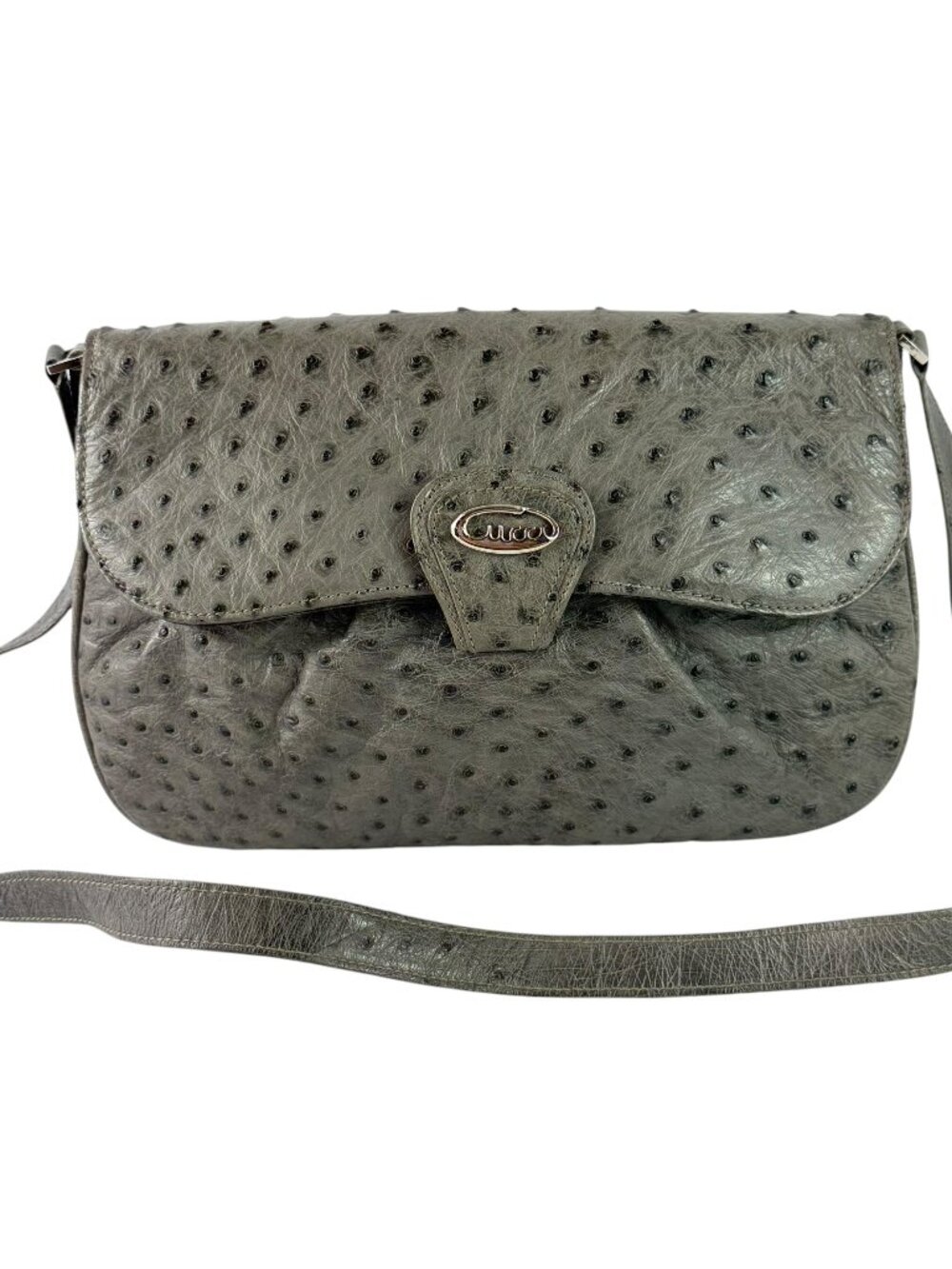 GUCCI Gray Ostrich Leather Clutch Shoulder Bag Made in Italy Authenticated